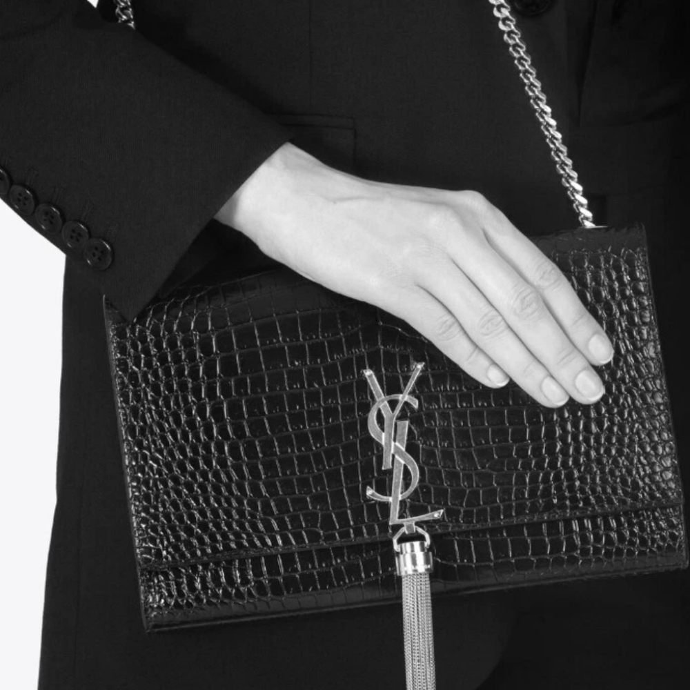 Like NEW! YSL Saint Laurent KATE MEDIUM POMPOM TASSEL Crocodile Embossed LEATHER
